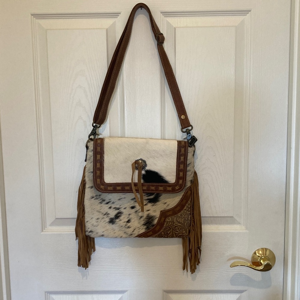 Cowhide and Leather Fringe Shoulder Bag